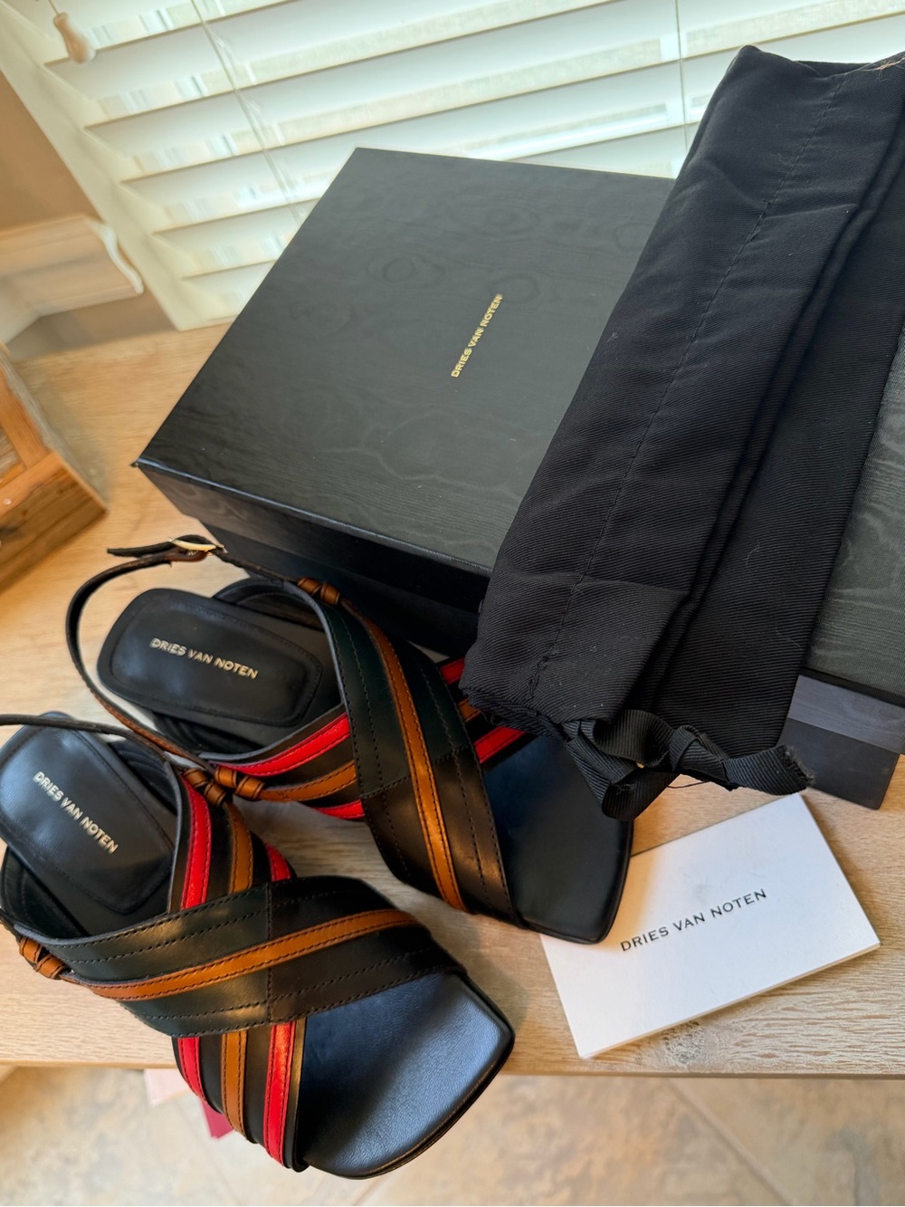 Dries Van Noten Black Red Leather Slingback Block Heel Sandals Sz 37 NIB
